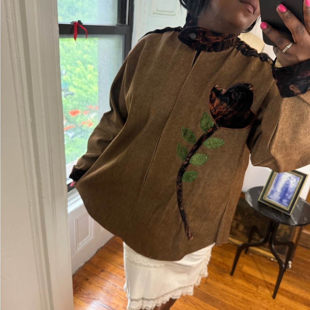 Brown Denim maximalist flower zip up velvet patch work bomber jacket - Picture 1 of 16
